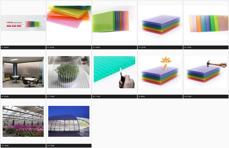 Twin-wall multiwall polycarbonate sheet showing internal rib structure