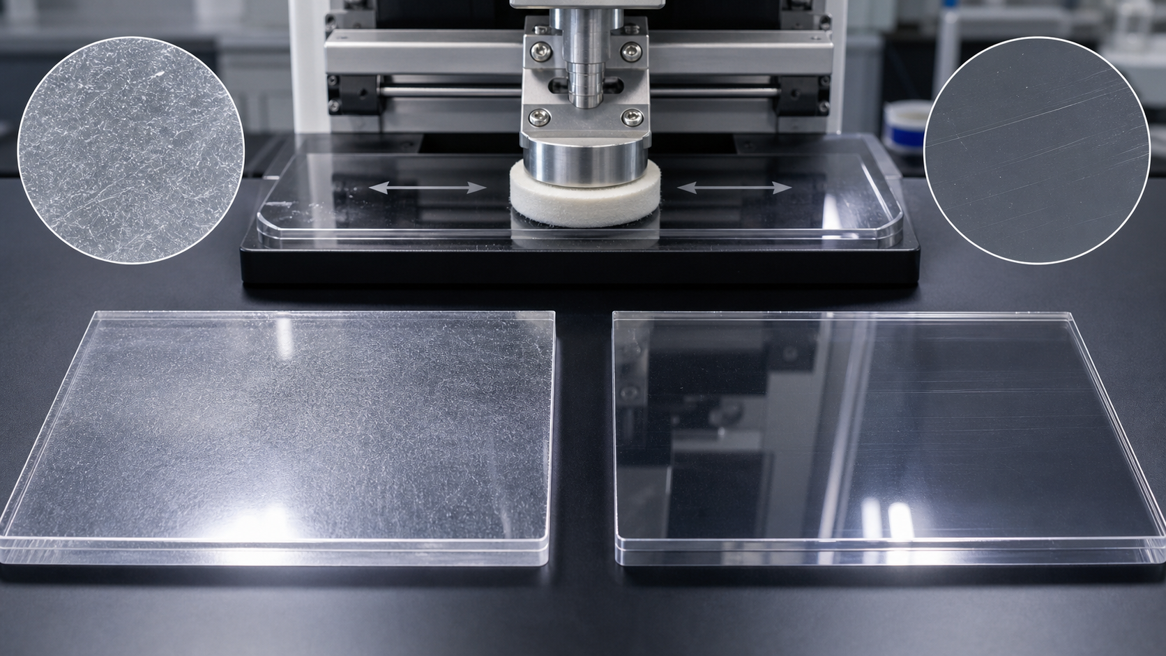 Abrasion test comparing hazed uncoated polycarbonate with a clearer hard-coated polycarbonate surface