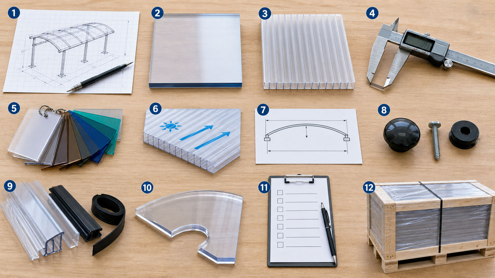 Engineering workbench showing twelve decisions required before ordering polycarbonate sheet