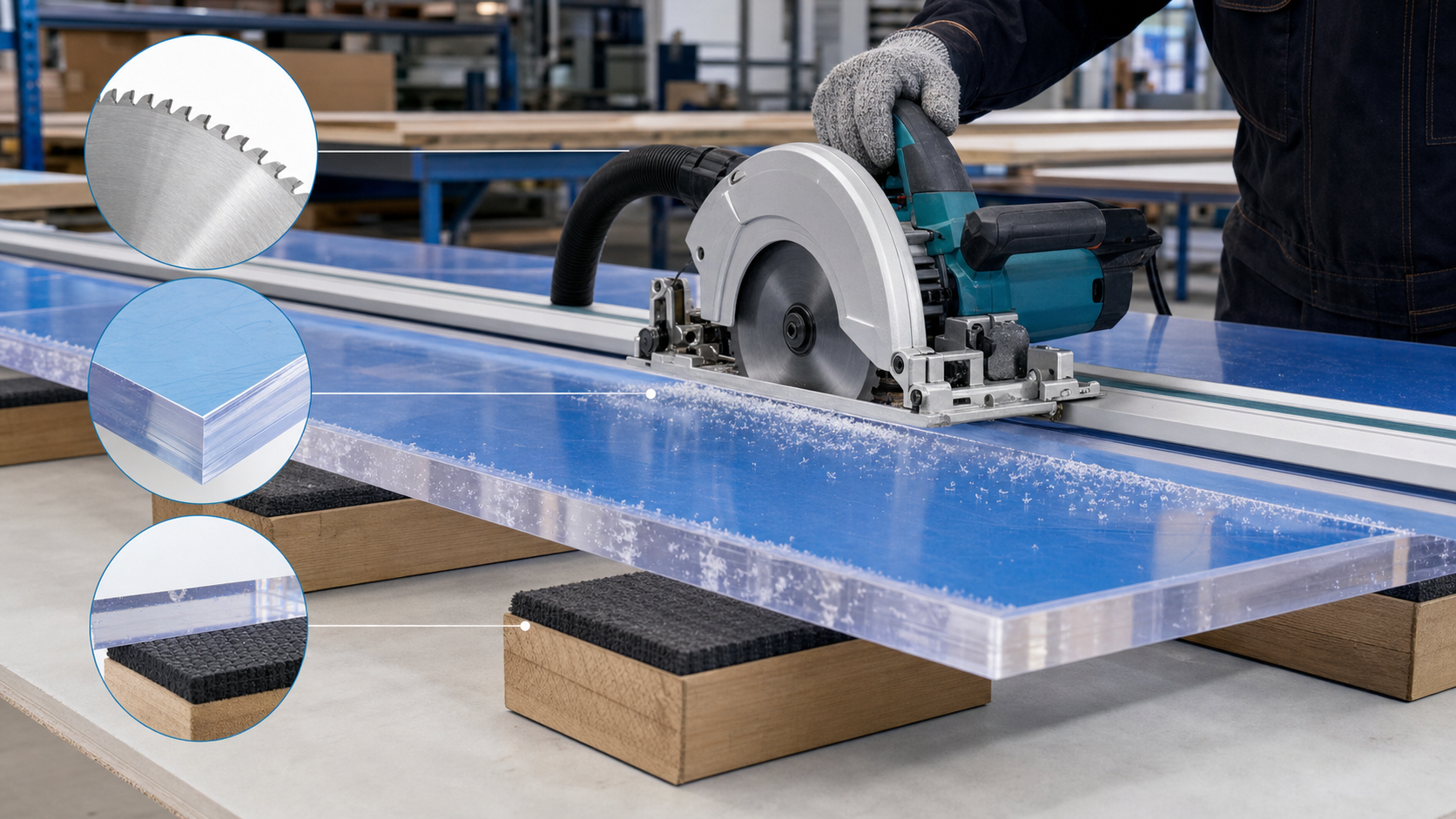 Circular saw cutting a fully supported clear polycarbonate sheet with a fine-tooth blade