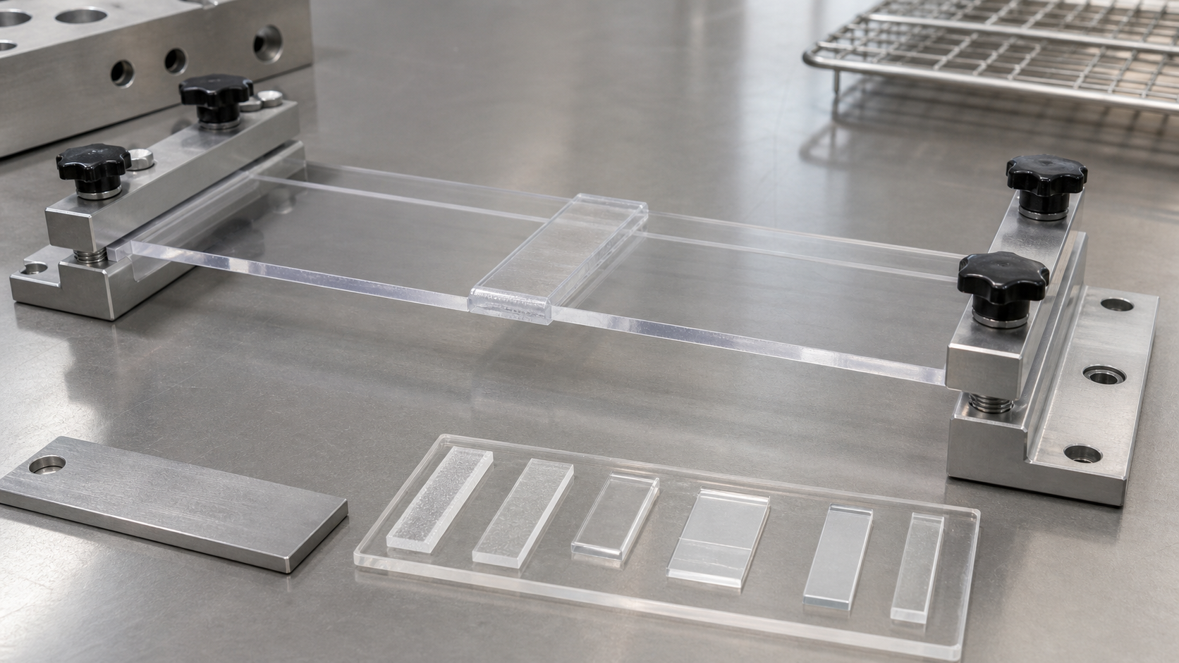 Clear polycarbonate lap-joint coupons held in a controlled bonding fixture for compatibility testing