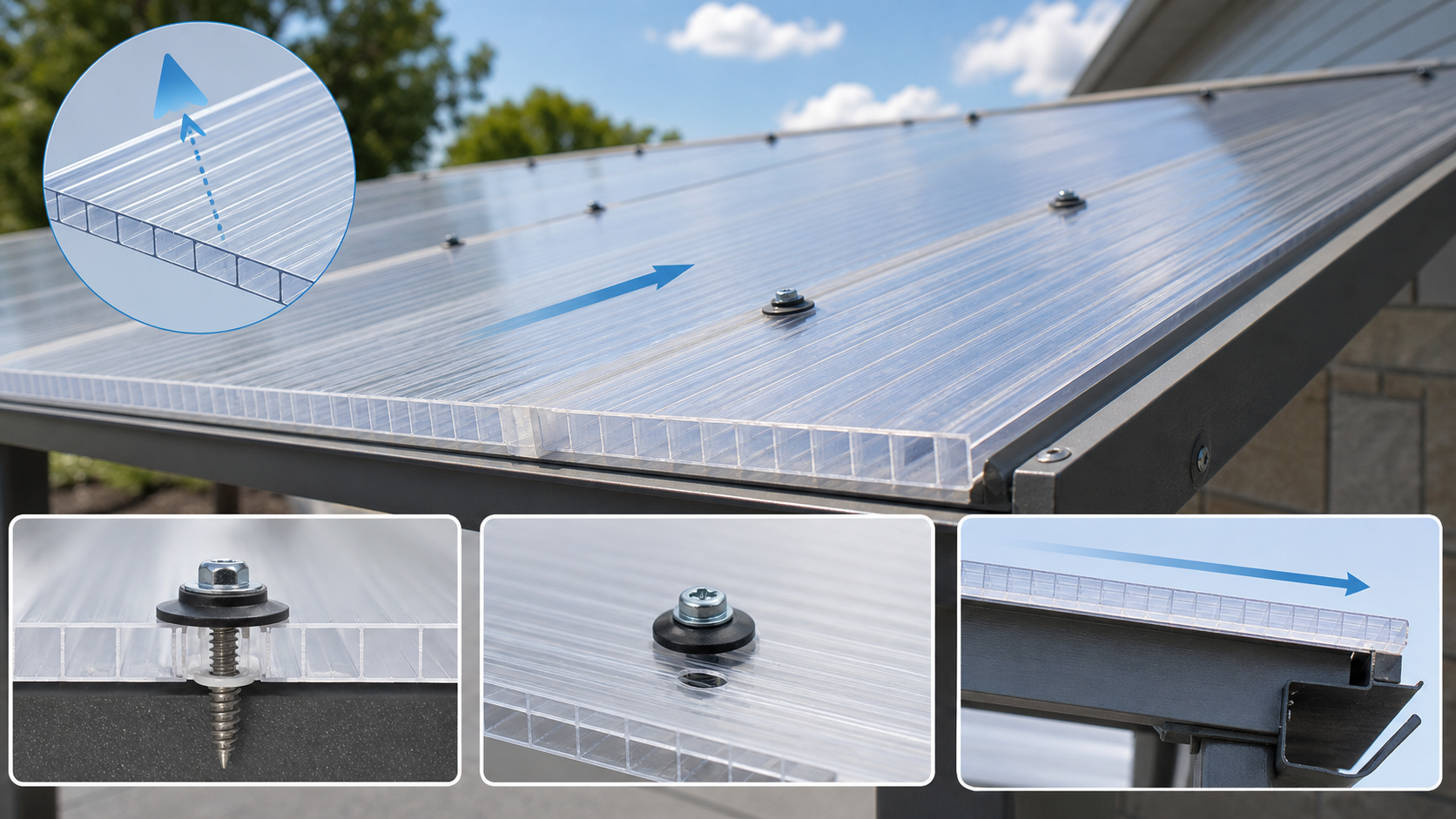 Polycarbonate roof panel installation showing UV orientation, oversized holes, EPDM washers and drainage slope