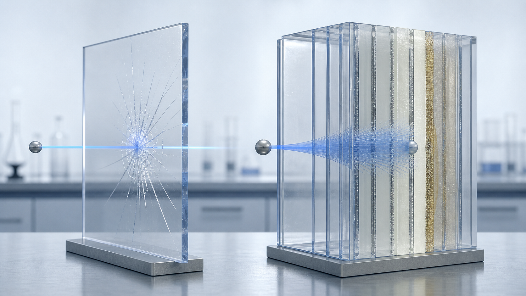 Ordinary single polycarbonate sheet compared with a thick multilayer bullet-resistant transparent glazing assembly