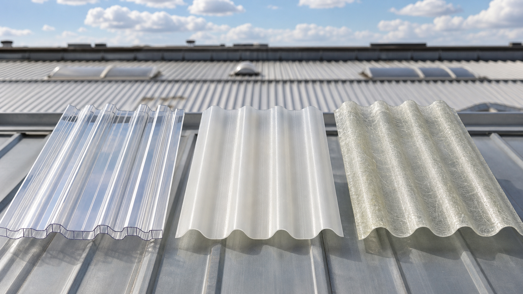 Clear polycarbonate, translucent PVC and fiberglass reinforced plastic roofing samples