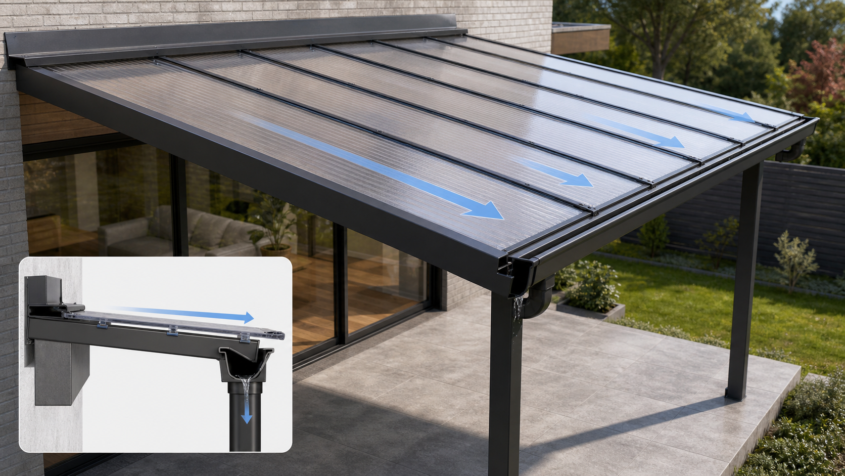 Low-slope polycarbonate canopy with positive drainage to a gutter and supported panel edges