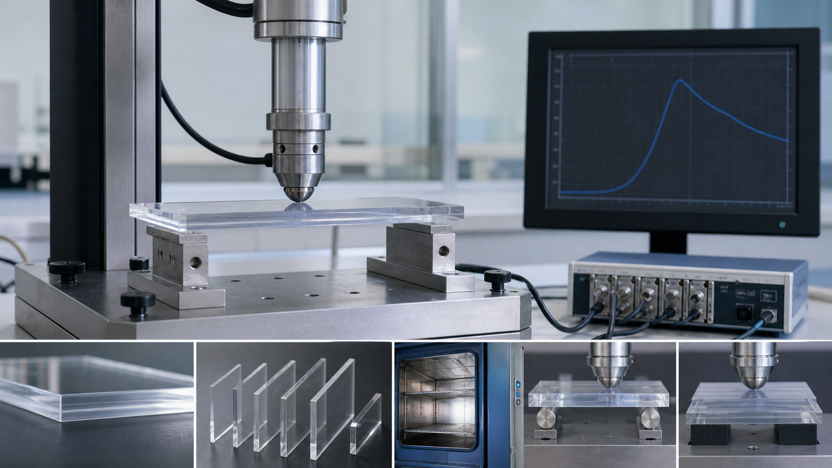 Instrumented laboratory test measuring the load response of a clear polycarbonate sheet specimen