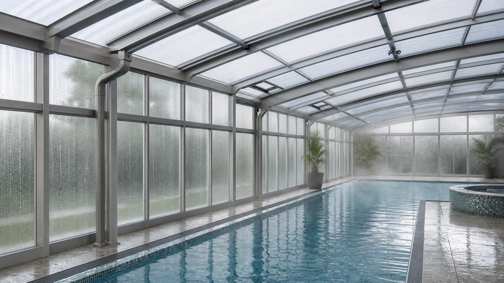 Humid indoor swimming pool enclosure with supported polycarbonate roof and wall panels