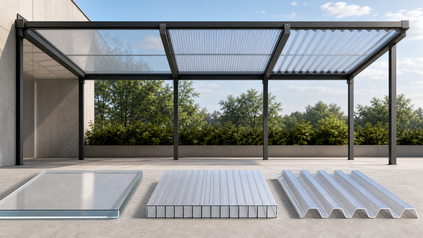 Solid, multiwall and corrugated polycarbonate roofing samples shown with a supported canopy