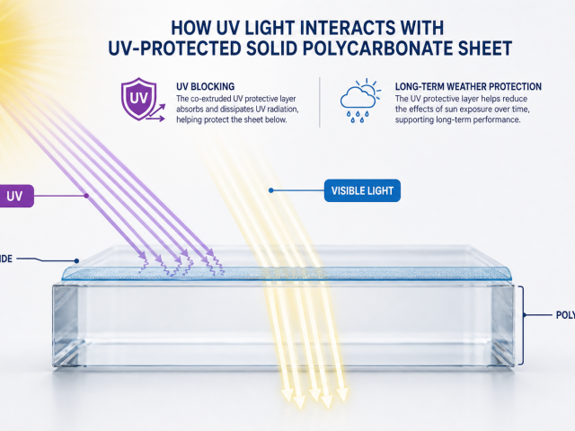 Diagram showing ultraviolet rays absorbed at the UV-protected side of a clear polycarbonate sheet while visible light passes through